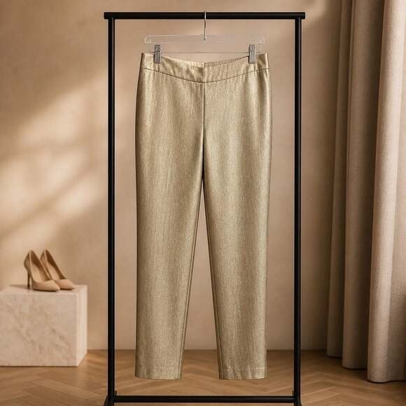 Kasper Pants - Kasper Women's Kristy Slim Fit Metallic Gold Trousers Size 12 #1394